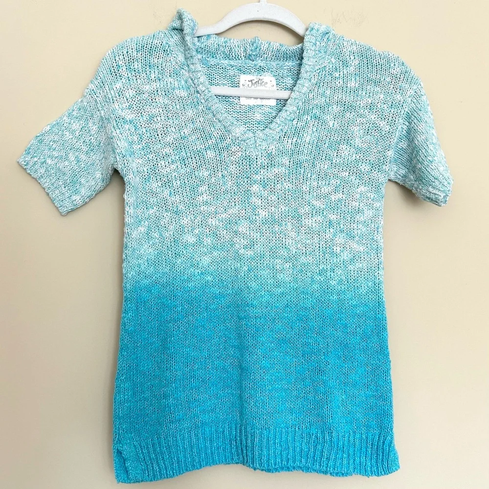 Justice Girl’s Ombre Aqua Blue & White Knit V-Neck Short Sleeve Sweater Hoodie